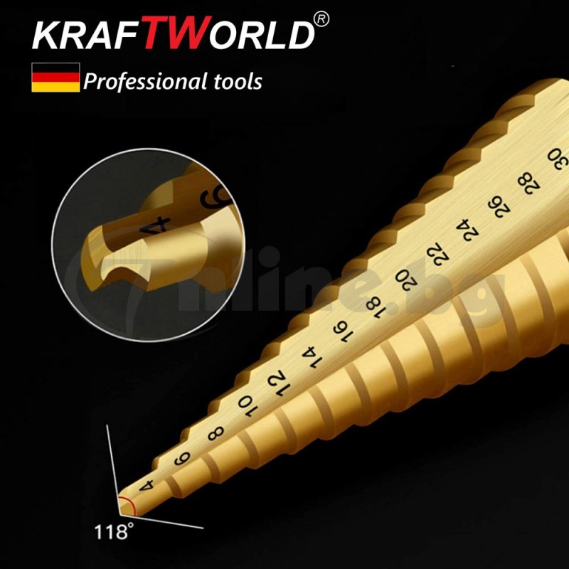 Комплект 3 броя конусни стъпаловидни свредла KraftWorld за ламарина
