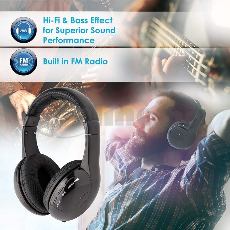 Черни безжични Hi-Fi слушалки MH2001 5 в 1 с база за телевизор и компютър