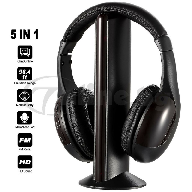 Черни безжични Hi-Fi слушалки MH2001 5 в 1 с база за телевизор и компютър