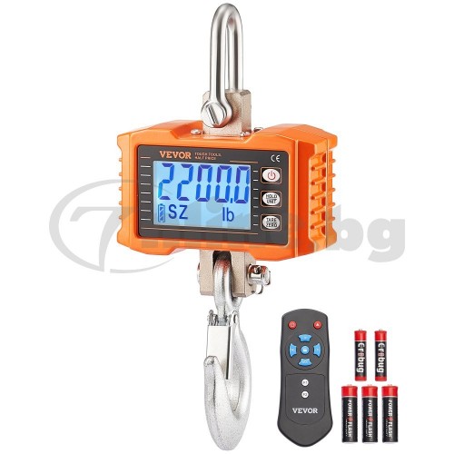 VEVOR Дигитален кранов кантар 1000 кг (2200 lbs) с дистанционно – индустриална висяща везна с LCD дисплей