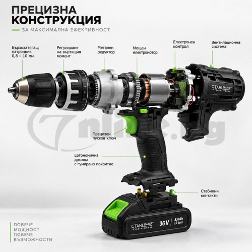 Акумулаторен ударен винтоверт 36V, 8Ah StahlMayer с 2 батерии и богат набор аксесоари