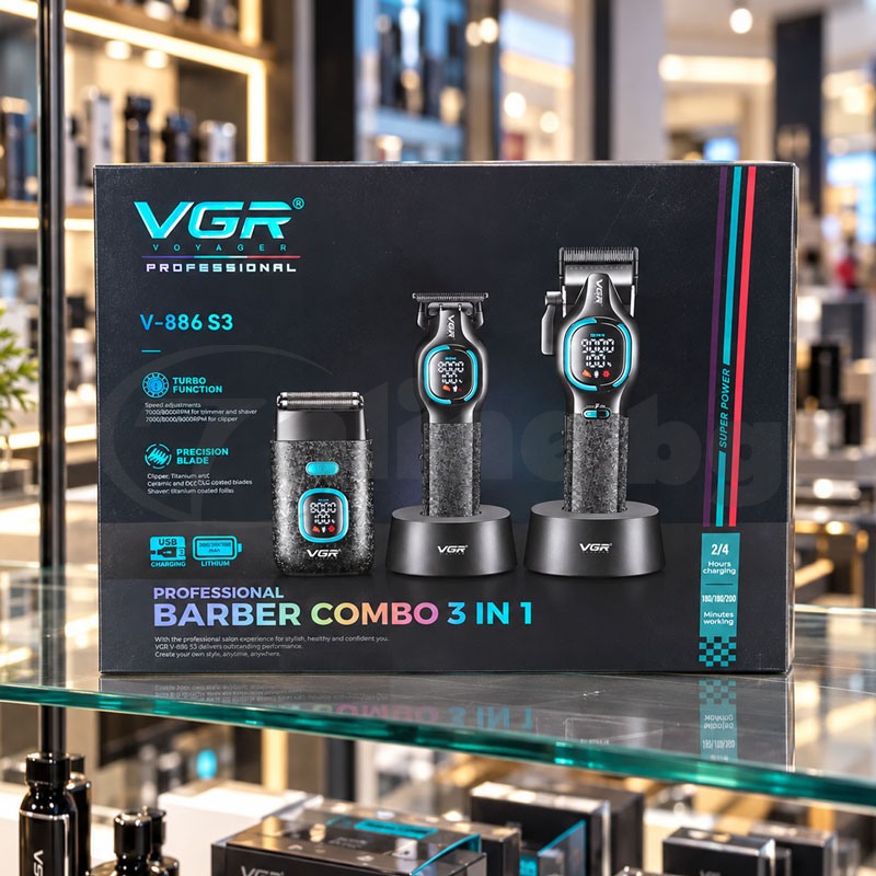 Професионален бръснарски комплект VGR V-886 S3, 3 в 1, черен