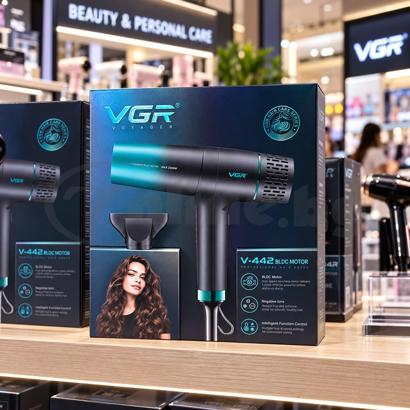 Професионален сешоар VGR V-442, 2200 W, BLDC мотор, йонизация, зелено/черен