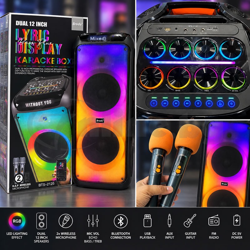 Караоке тонколона Brodu BTS-2125 с 2 безжични микрофона и RGB светлини