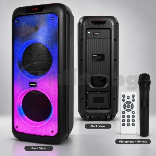 Bluetooth караоке тонколона Brodu BTS-1387 с RGB Flame ефект, 2 говорителя по 10", безжичен микрофон и дистанционно