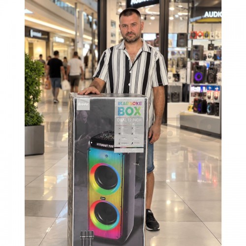 Караоке тонколона Brodu BTS-2125 с 2 говорителя по 12", 2 безжични микрофона, дистанционно, RGB светлини, Bluetooth и TWS