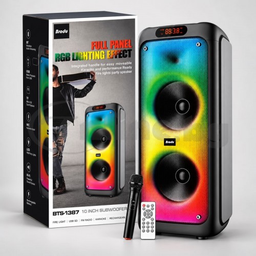 Bluetooth караоке тонколона Brodu BTS-1387 с RGB Flame ефект, 2 говорителя по 10", безжичен микрофон и дистанционно