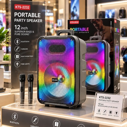 Караоке тонколона KTS-2232 с 2 безжични микрофона, 12" говорител, RGB светлини, Bluetooth, FM, USB/TF и AUX
