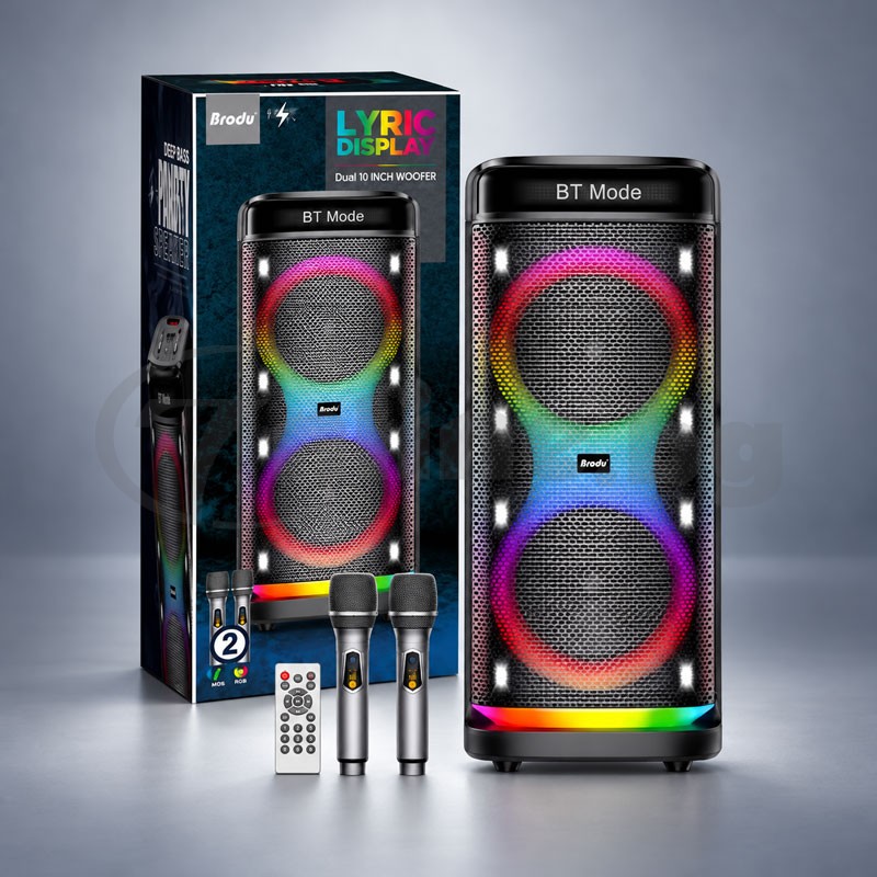 Караоке тонколона 2 × 10" с 2 безжични микрофона, RGB светлини, LCD дисплей, вход за китара, Bluetooth, USB и Micro SD - цена: 199.90 €