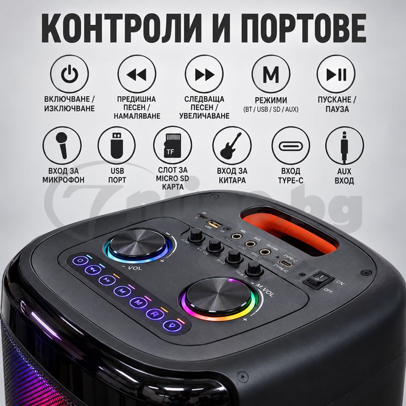 Караоке тонколона 2 × 10" с 2 безжични микрофона, RGB светлини, LCD дисплей, вход за китара, Bluetooth, USB и Micro SD - цена: 199.90 €