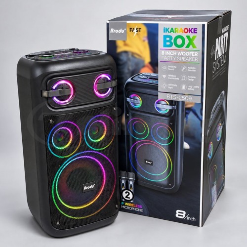 Караоке тонколона с говорител 8", 2 безжични микрофона, RGB светлини, LCD дисплей, вход за китара, Bluetooth, USB и Micro SD