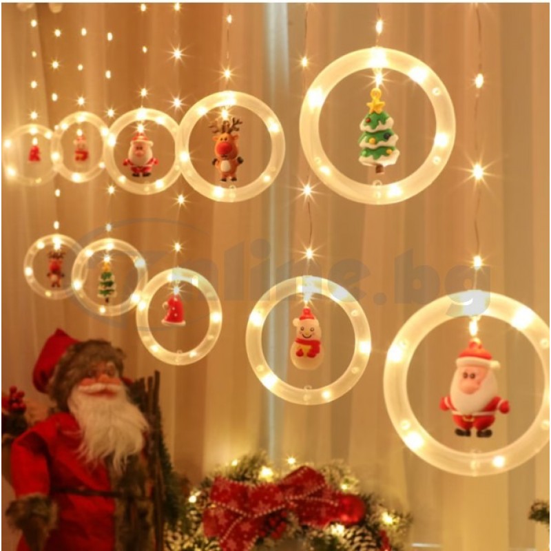 Светещи LED рингове с коледни фигурки, завеса тип перде с топла светлина