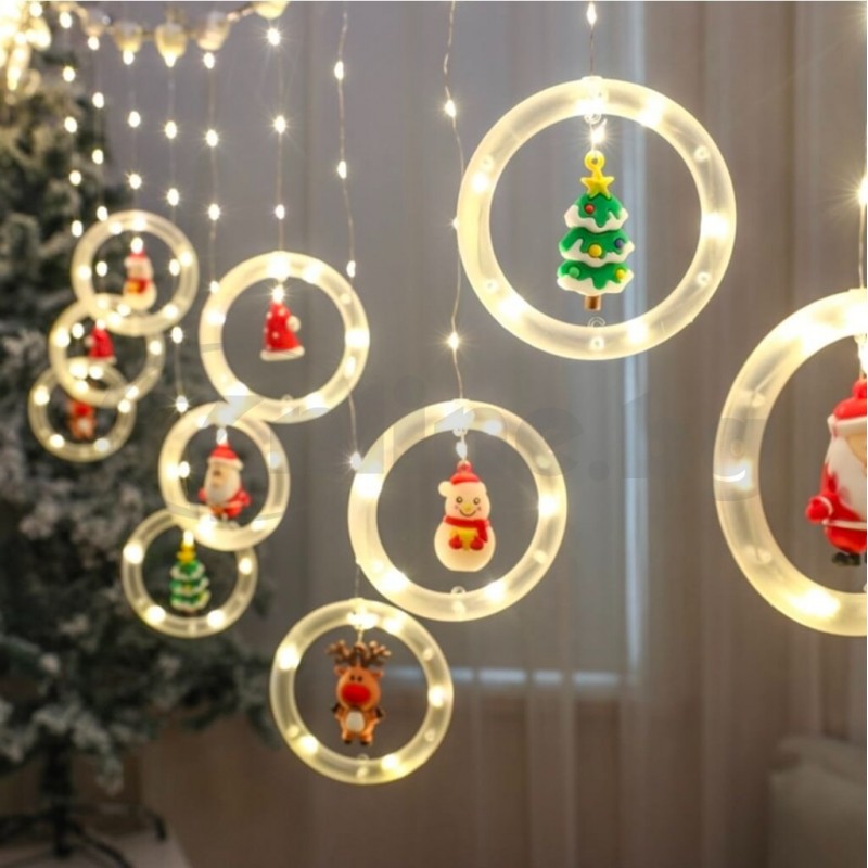 Светещи LED рингове с коледни фигурки, завеса тип перде с топла светлина